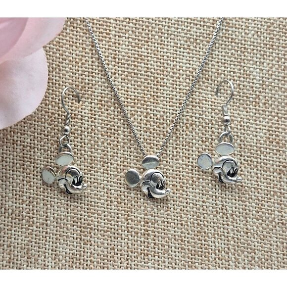 Vintage Disney Sterling 925 Mickey Mouse Earrings and Box Chain Necklace Set - Picture 2 of 11